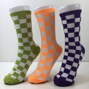 Womens Crew Socks Set 3 Checkered Pattern Green Orange Purple White
